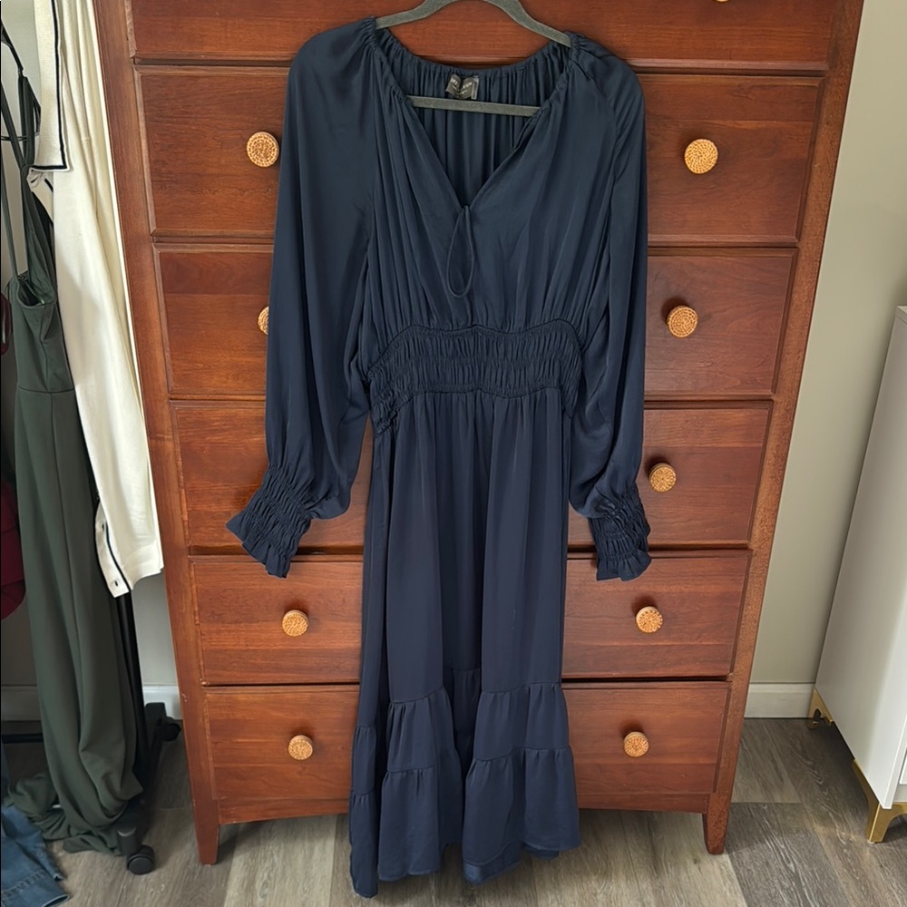 Dress Forum Blue Ruched V-Neck Long Sleeve Gown